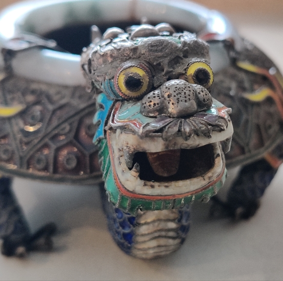 Chinese Export Dragon Ashtray Sterling Silver Enamel Jade Rim 332gr - Picture 4 of 16